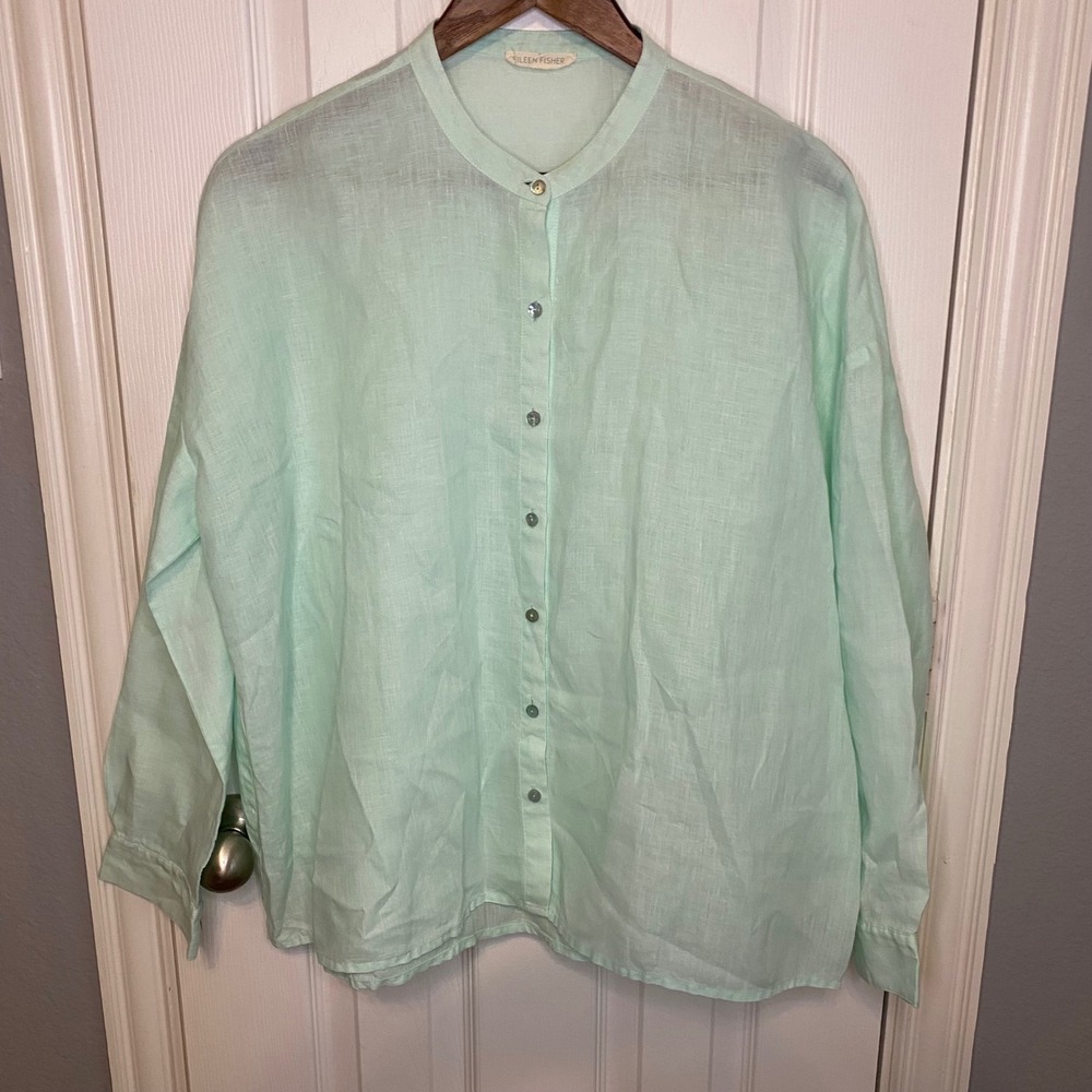 Eileen Fisher XL Mint Green Organic Linen Mandarin Collar Button Down Shirt